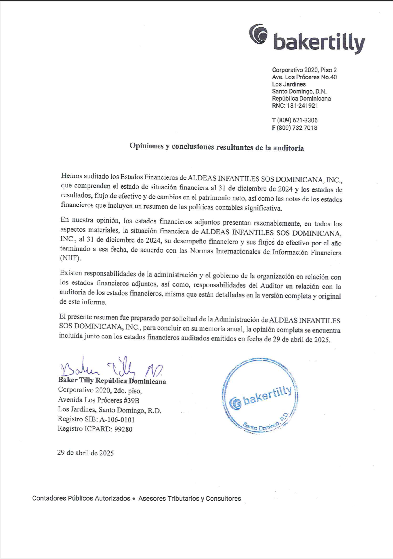 Portada del Informe Auditores Resumen para memoria anual 2024